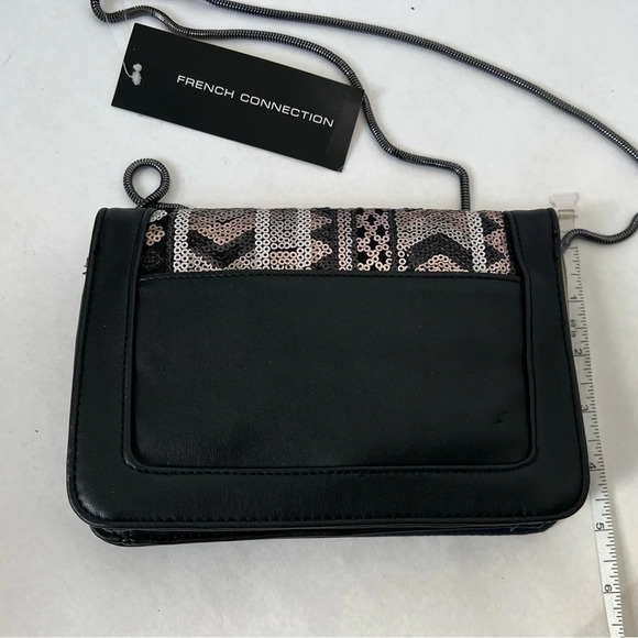 French Connection Chain Sequins Black Silver Crossbody Bag Clutch Purse - Picture 4 of 8